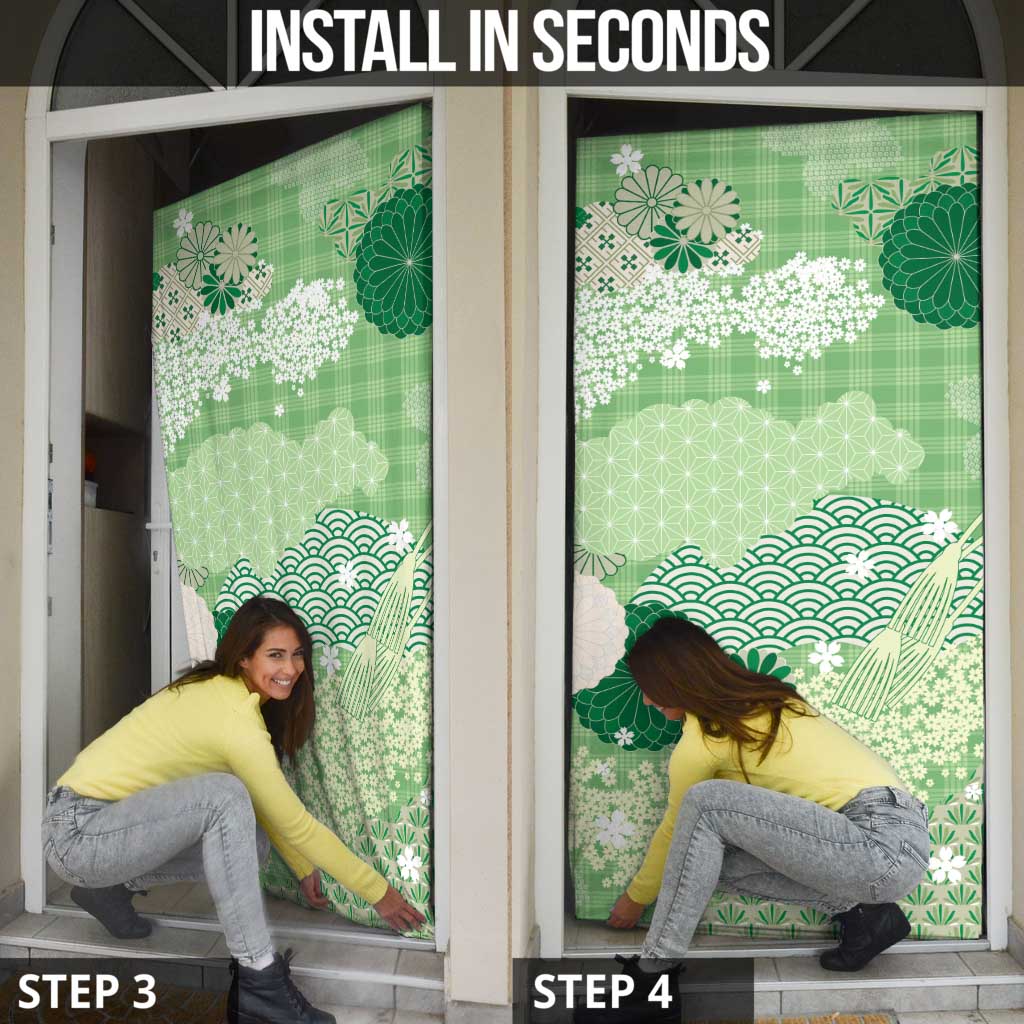 Green Palaka Japanese Patterns Door Cover Asanoha Seigaiha Sakura Motif - Polynesian Pride