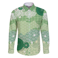 Green Palaka Japanese Patterns Family Matching Long Sleeve Bodycon Dress and Hawaiian Shirt Asanoha Seigaiha Sakura Motif - Polynesian Pride