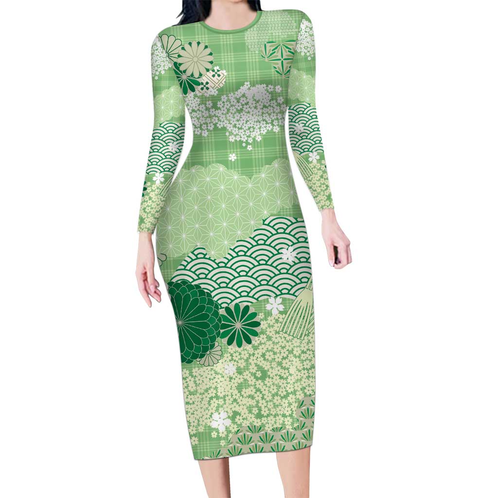 Green Palaka Japanese Patterns Family Matching Long Sleeve Bodycon Dress and Hawaiian Shirt Asanoha Seigaiha Sakura Motif - Polynesian Pride