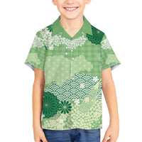 Green Palaka Japanese Patterns Family Matching Long Sleeve Bodycon Dress and Hawaiian Shirt Asanoha Seigaiha Sakura Motif - Polynesian Pride