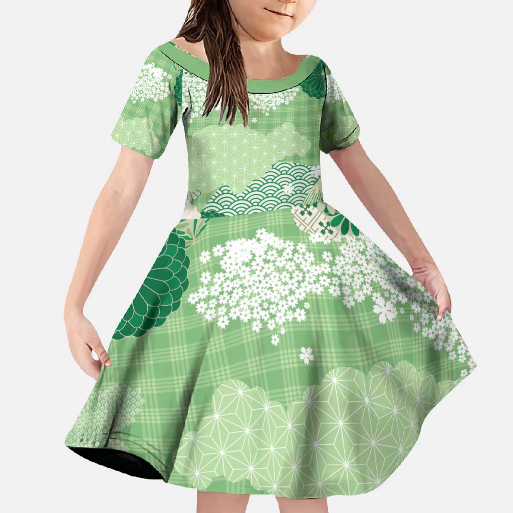 Green Palaka Japanese Patterns Family Matching Mermaid Dress and Hawaiian Shirt Asanoha Seigaiha Sakura Motif - Polynesian Pride