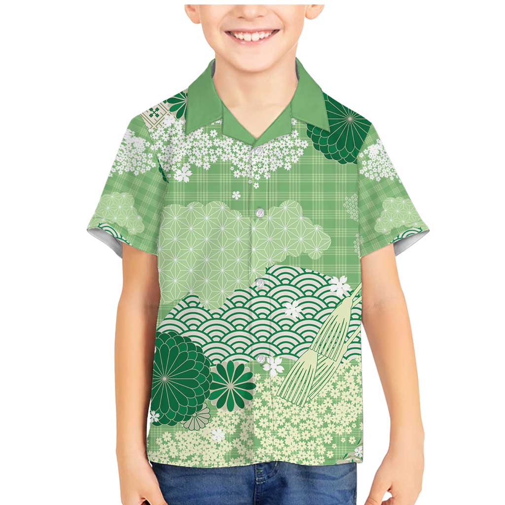 Green Palaka Japanese Patterns Family Matching Mermaid Dress and Hawaiian Shirt Asanoha Seigaiha Sakura Motif - Polynesian Pride