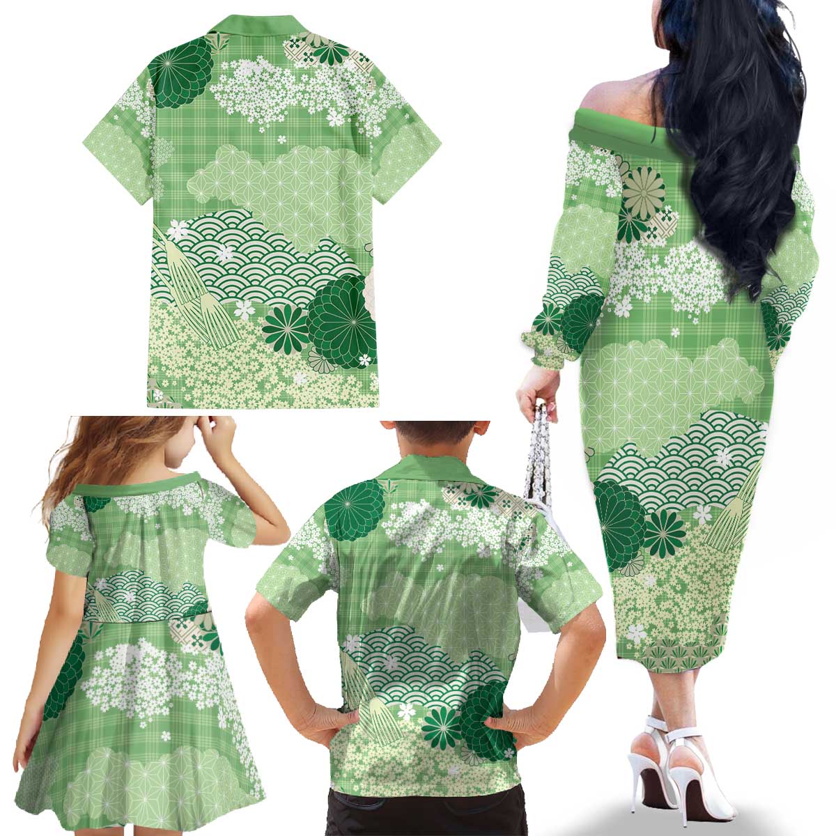 Green Palaka Japanese Patterns Family Matching Off The Shoulder Long Sleeve Dress and Hawaiian Shirt Asanoha Seigaiha Sakura Motif - Polynesian Pride