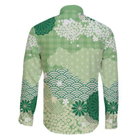 Green Palaka Japanese Patterns Family Matching Off The Shoulder Long Sleeve Dress and Hawaiian Shirt Asanoha Seigaiha Sakura Motif - Polynesian Pride