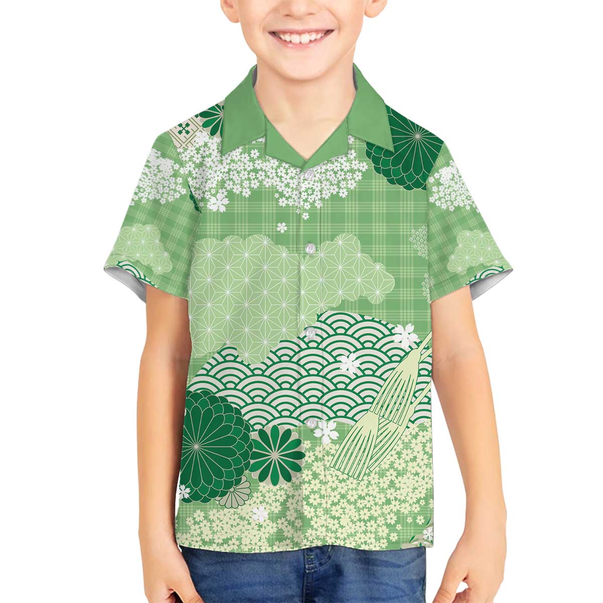 Green Palaka Japanese Patterns Family Matching Off The Shoulder Long Sleeve Dress and Hawaiian Shirt Asanoha Seigaiha Sakura Motif - Polynesian Pride