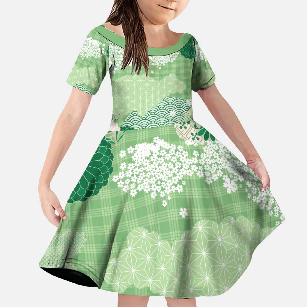 Green Palaka Japanese Patterns Family Matching Off Shoulder Maxi Dress and Hawaiian Shirt Asanoha Seigaiha Sakura Motif - Polynesian Pride