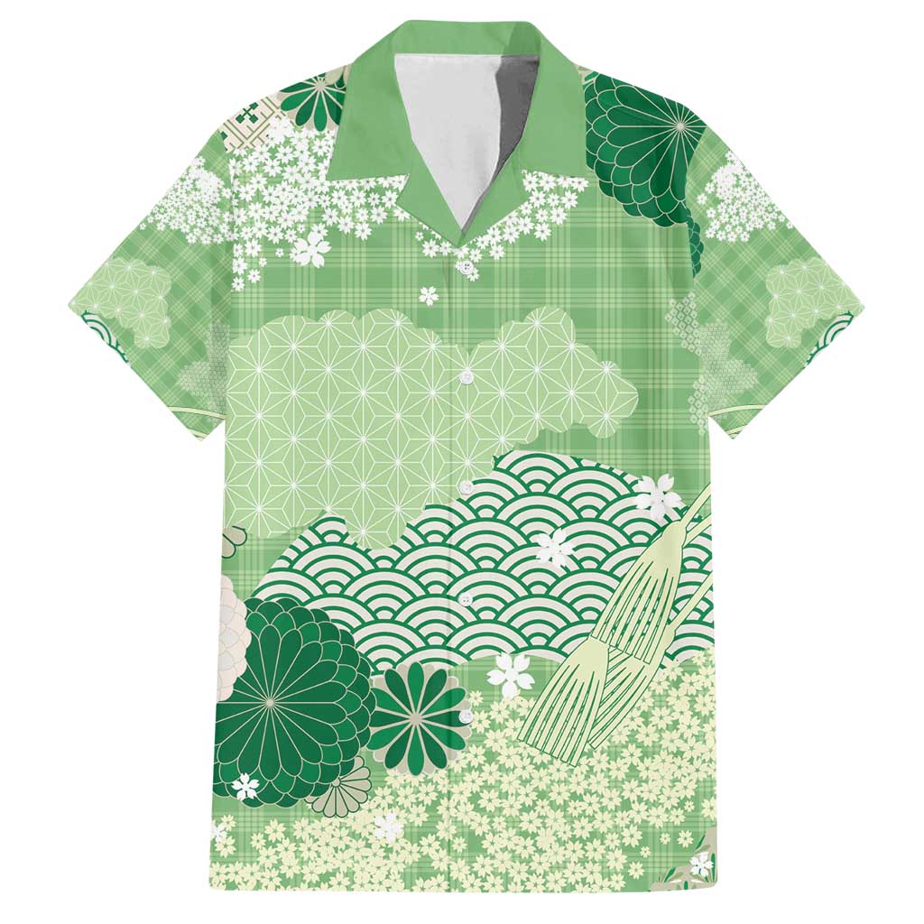 Green Palaka Japanese Patterns Family Matching Off Shoulder Maxi Dress and Hawaiian Shirt Asanoha Seigaiha Sakura Motif - Polynesian Pride