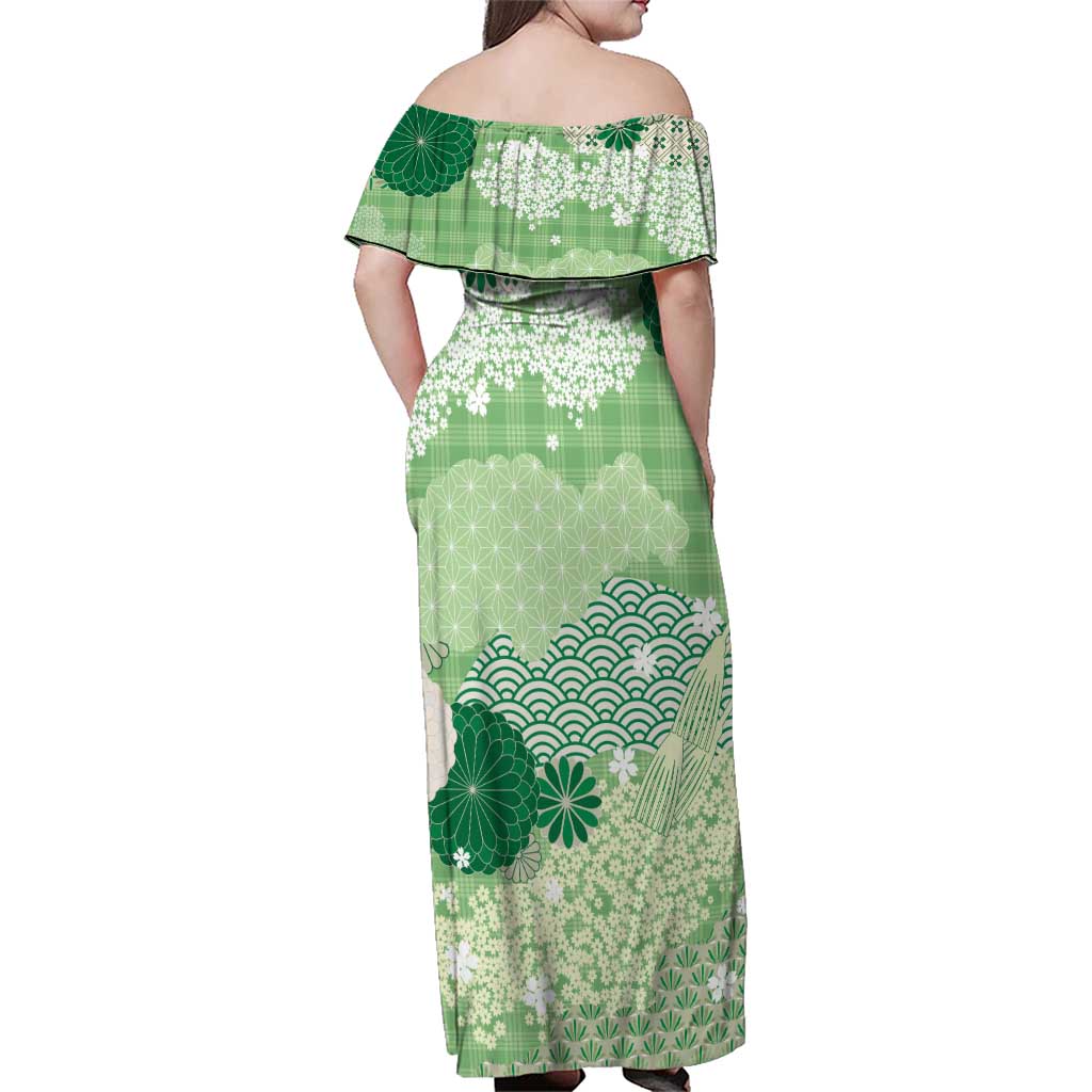 Green Palaka Japanese Patterns Family Matching Off Shoulder Maxi Dress and Hawaiian Shirt Asanoha Seigaiha Sakura Motif - Polynesian Pride