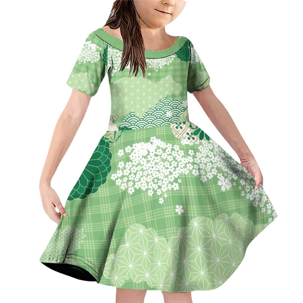 Green Palaka Japanese Patterns Family Matching Off Shoulder Short Dress and Hawaiian Shirt Asanoha Seigaiha Sakura Motif - Polynesian Pride