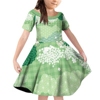 Green Palaka Japanese Patterns Family Matching Off Shoulder Short Dress and Hawaiian Shirt Asanoha Seigaiha Sakura Motif - Polynesian Pride