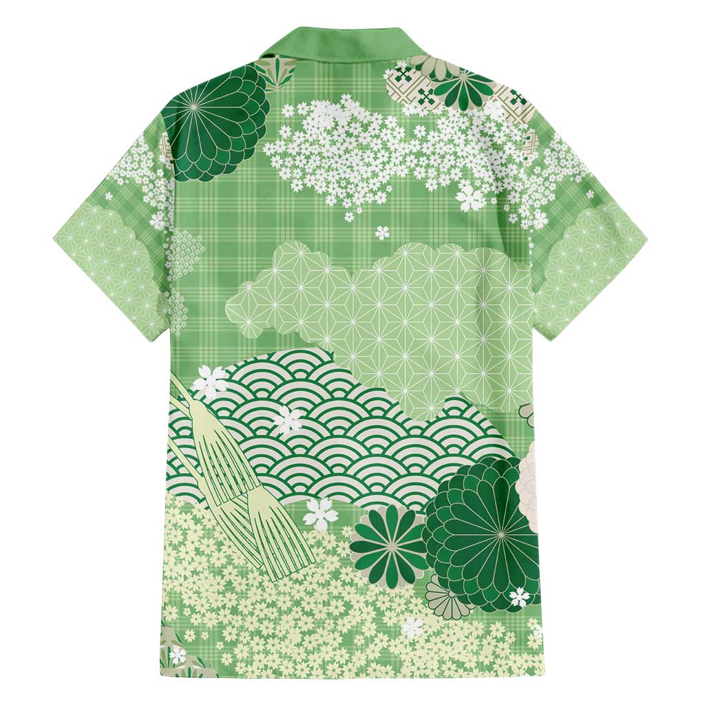 Green Palaka Japanese Patterns Family Matching Off Shoulder Short Dress and Hawaiian Shirt Asanoha Seigaiha Sakura Motif - Polynesian Pride