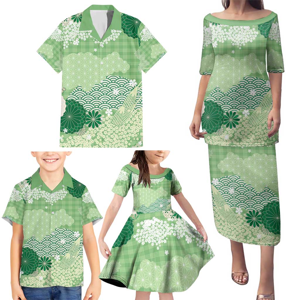 Green Palaka Japanese Patterns Family Matching Puletasi and Hawaiian Shirt Asanoha Seigaiha Sakura Motif - Polynesian Pride
