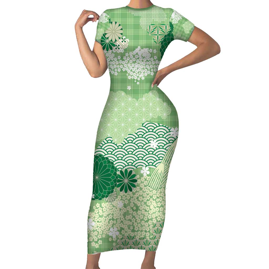 Green Palaka Japanese Patterns Family Matching Short Sleeve Bodycon Dress and Hawaiian Shirt Asanoha Seigaiha Sakura Motif - Polynesian Pride