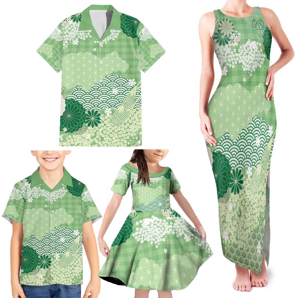 Green Palaka Japanese Patterns Family Matching Tank Maxi Dress and Hawaiian Shirt Asanoha Seigaiha Sakura Motif - Polynesian Pride