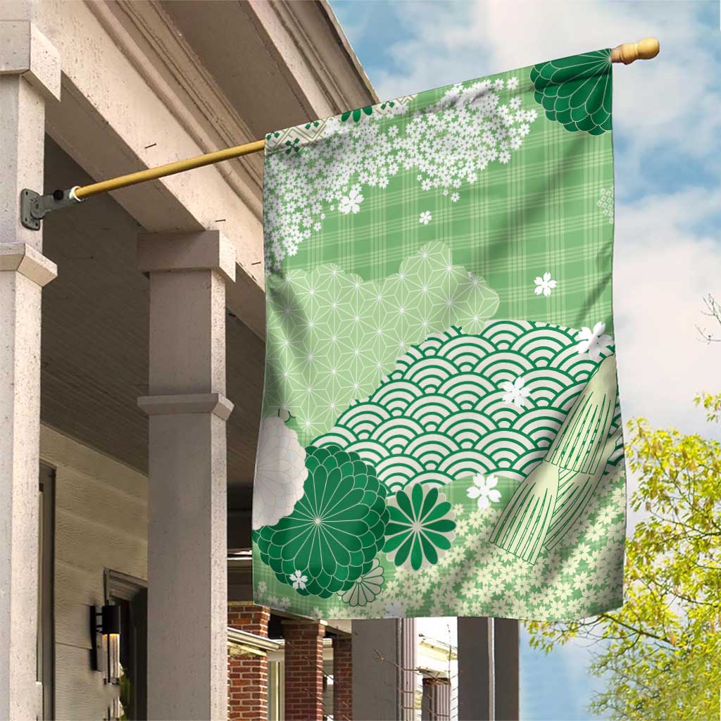 Green Palaka Japanese Patterns Garden Flag Asanoha Seigaiha Sakura Motif - Polynesian Pride