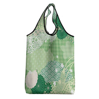 Green Palaka Japanese Patterns Grocery Bag Asanoha Seigaiha Sakura Motif - Polynesian Pride