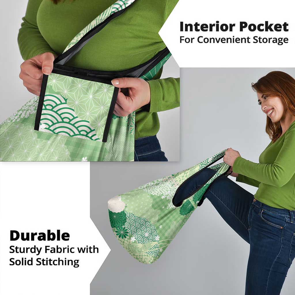 Green Palaka Japanese Patterns Grocery Bag Asanoha Seigaiha Sakura Motif - Polynesian Pride