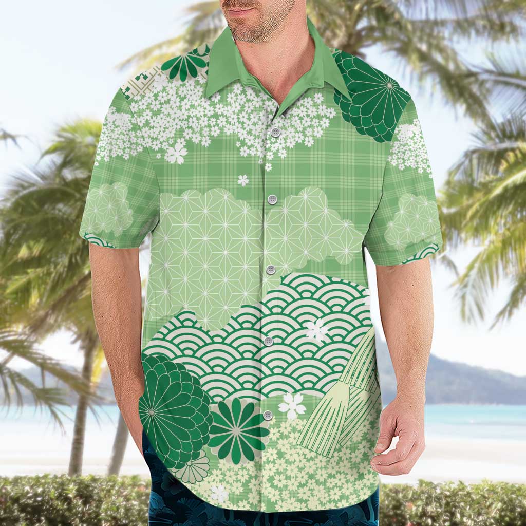 Green Palaka Japanese Patterns Hawaiian Shirt Asanoha Seigaiha Sakura Motif - Polynesian Pride