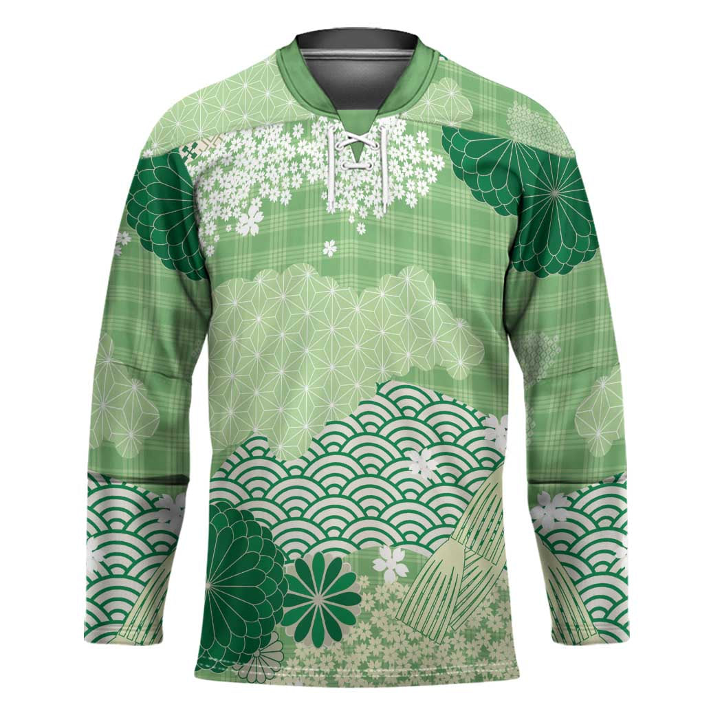 Green Palaka Japanese Patterns Hockey Jersey Asanoha Seigaiha Sakura Motif - Polynesian Pride