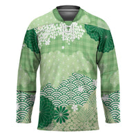 Green Palaka Japanese Patterns Hockey Jersey Asanoha Seigaiha Sakura Motif - Polynesian Pride