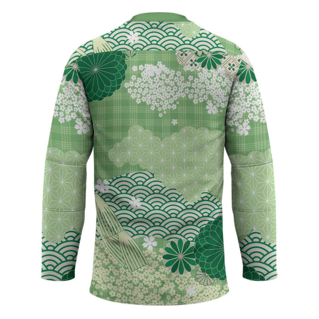 Green Palaka Japanese Patterns Hockey Jersey Asanoha Seigaiha Sakura Motif - Polynesian Pride