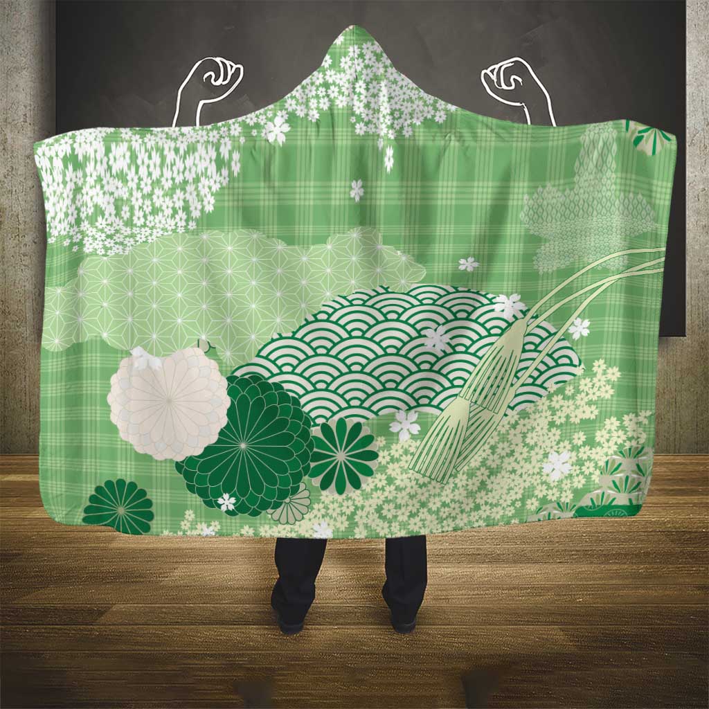 Green Palaka Japanese Patterns Hooded Blanket Asanoha Seigaiha Sakura Motif - Polynesian Pride