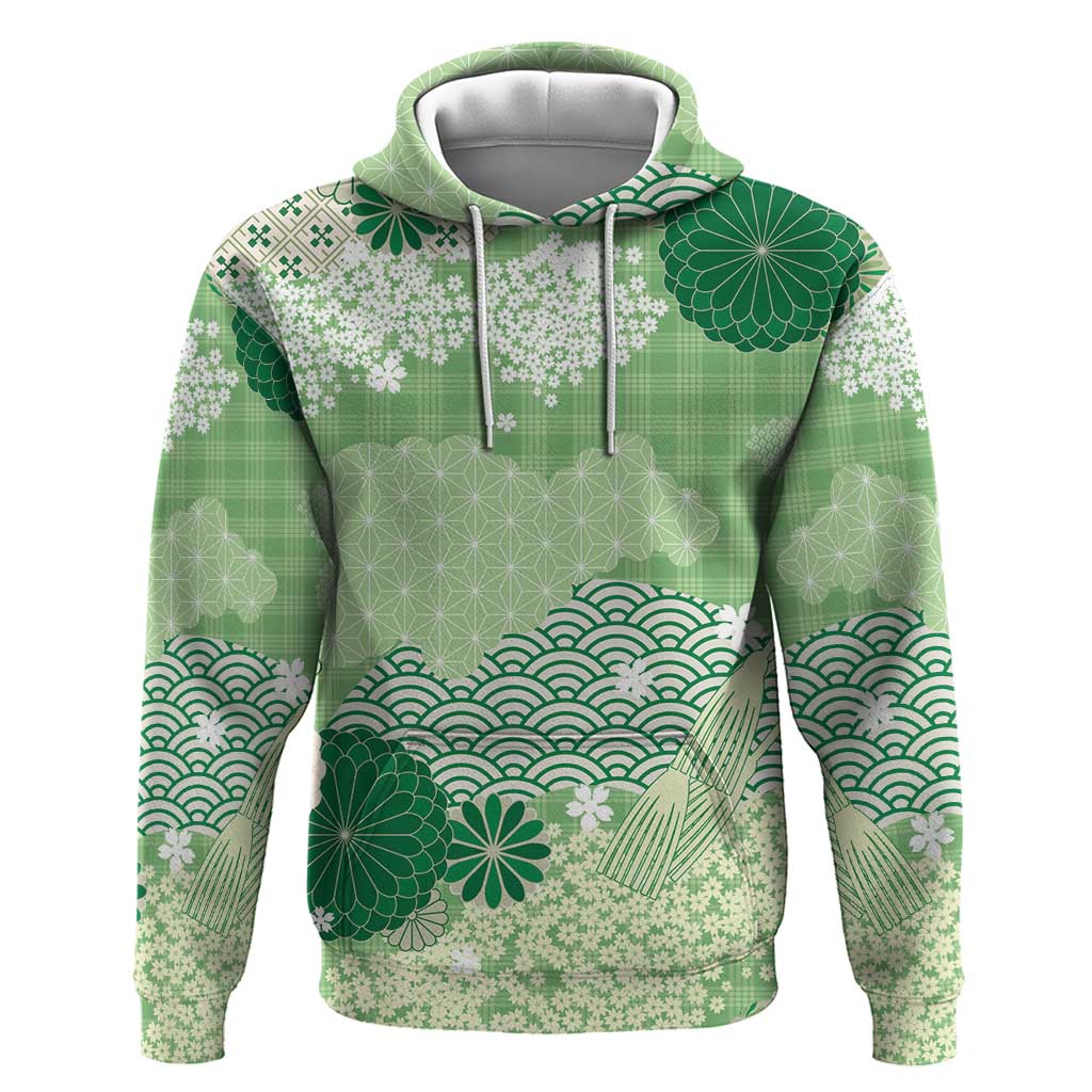 Green Palaka Japanese Patterns Hoodie Asanoha Seigaiha Sakura Motif - Polynesian Pride