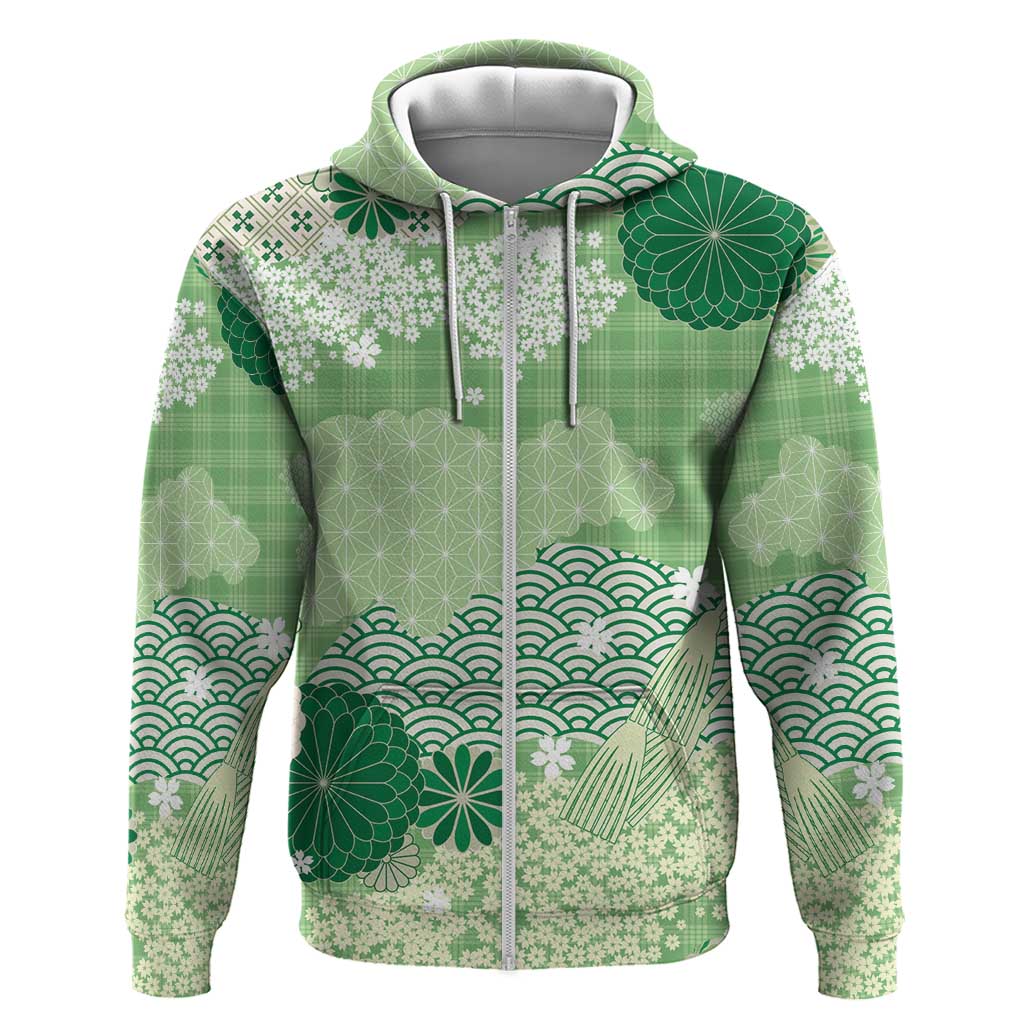 Green Palaka Japanese Patterns Hoodie Asanoha Seigaiha Sakura Motif - Polynesian Pride