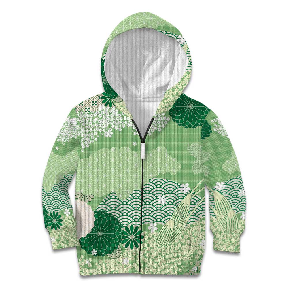Green Palaka Japanese Patterns Kid Hoodie Asanoha Seigaiha Sakura Motif - Polynesian Pride