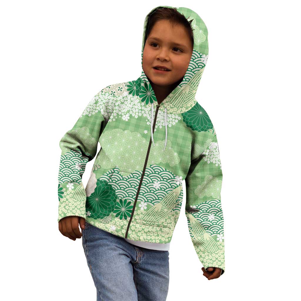Green Palaka Japanese Patterns Kid Hoodie Asanoha Seigaiha Sakura Motif - Polynesian Pride