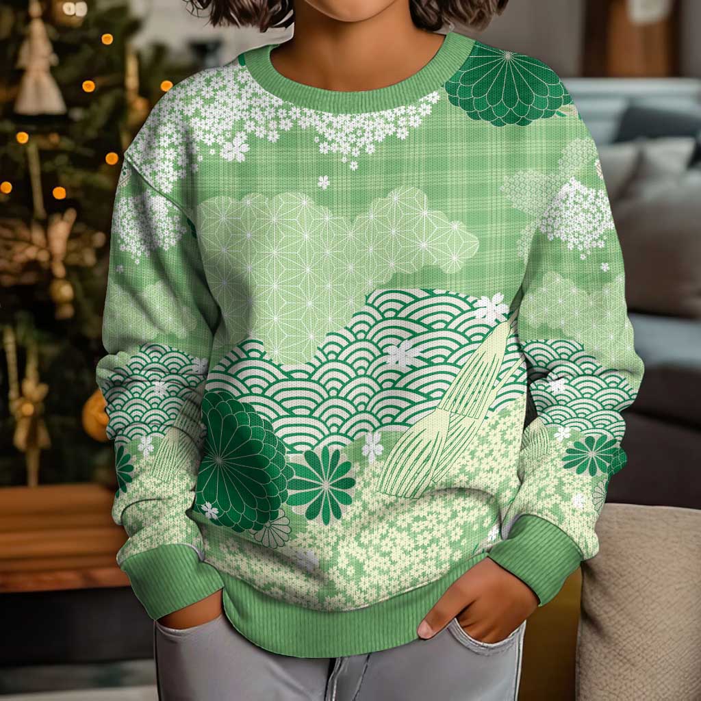 Green Palaka Japanese Patterns Kid Ugly Christmas Sweater Asanoha Seigaiha Sakura Motif - Polynesian Pride