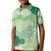 Green Palaka Japanese Patterns Kid Polo Shirt Asanoha Seigaiha Sakura Motif - Polynesian Pride