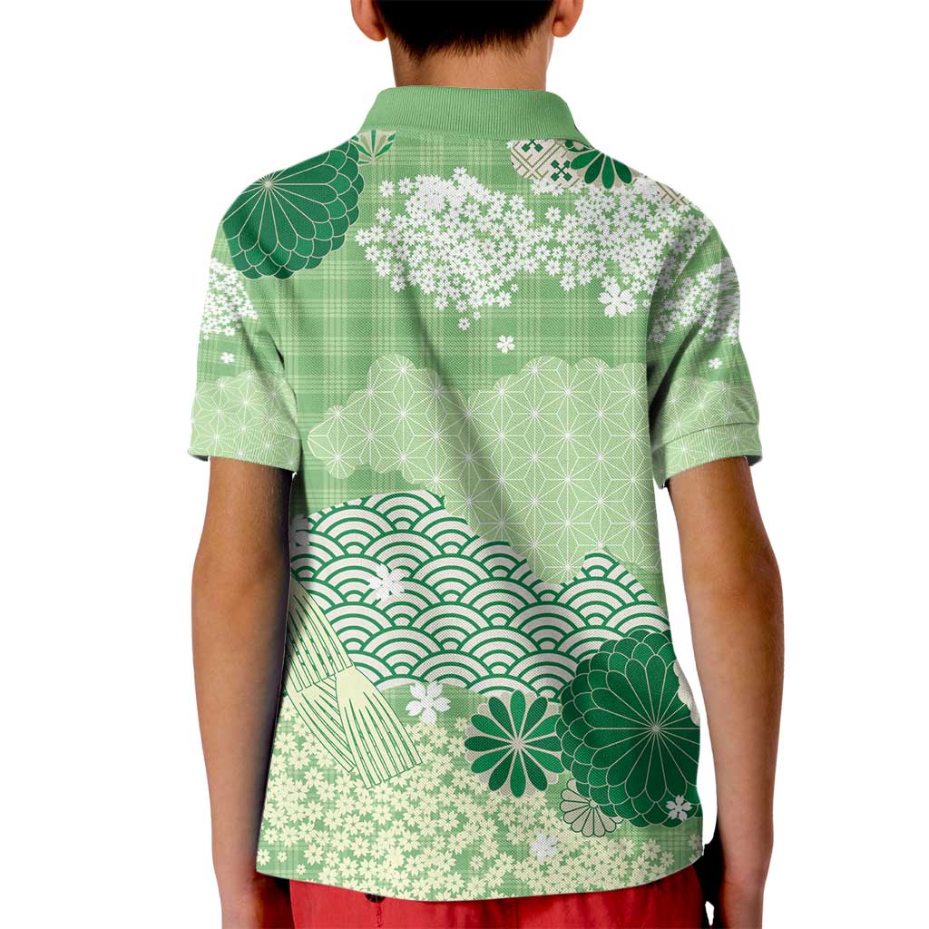 Green Palaka Japanese Patterns Kid Polo Shirt Asanoha Seigaiha Sakura Motif - Polynesian Pride