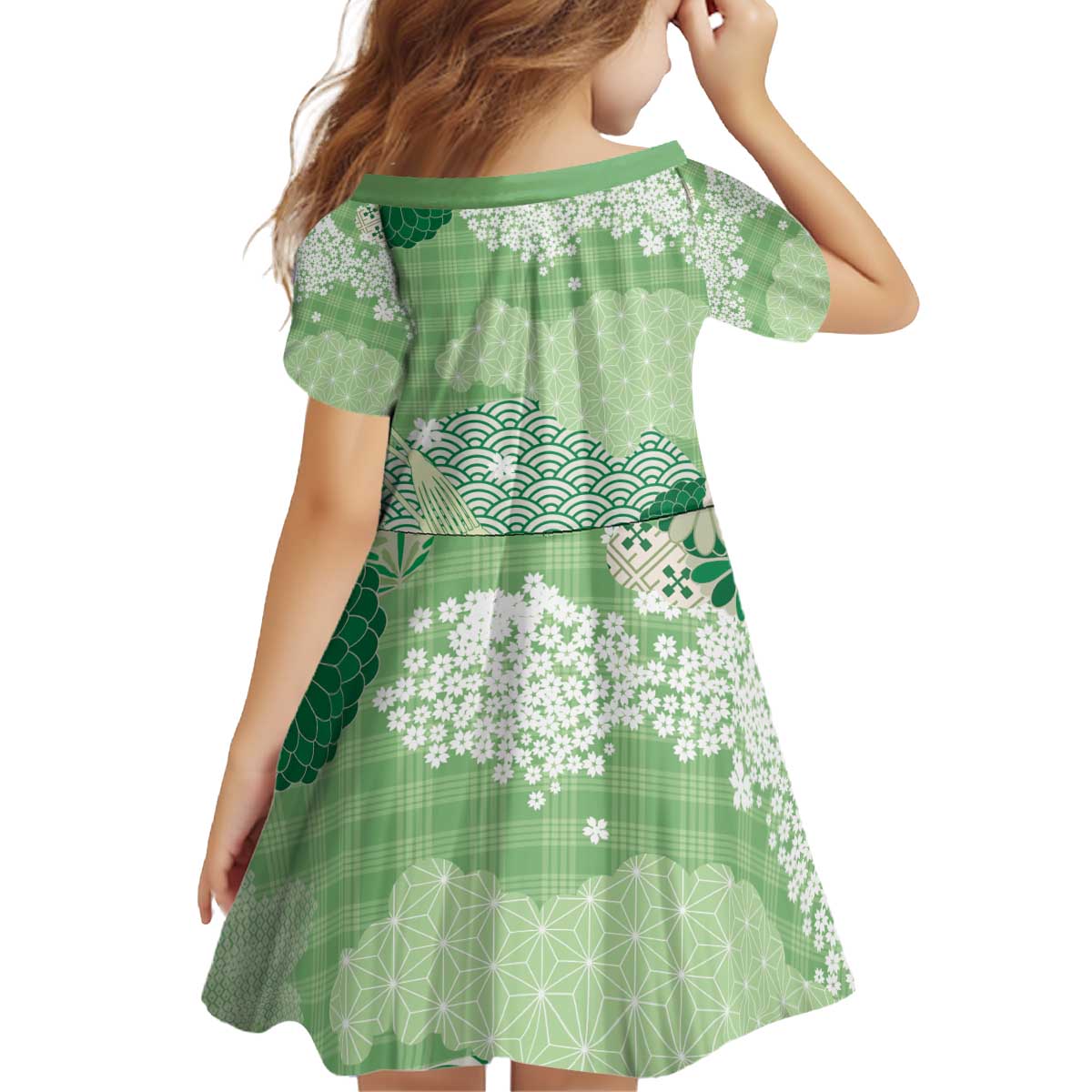 Green Palaka Japanese Patterns Kid Short Sleeve Dress Asanoha Seigaiha Sakura Motif - Polynesian Pride