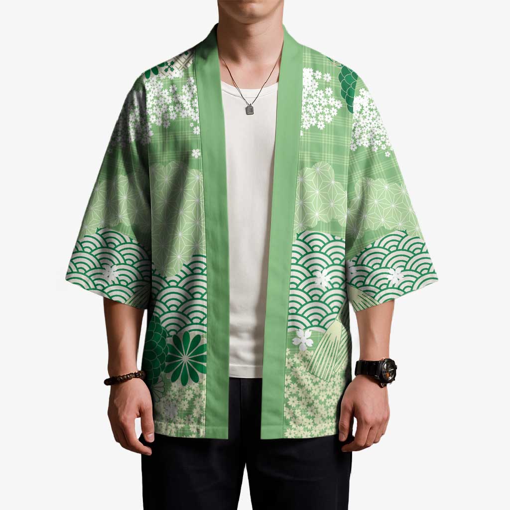 Green Palaka Japanese Patterns Kimono Asanoha Seigaiha Sakura Motif - Polynesian Pride