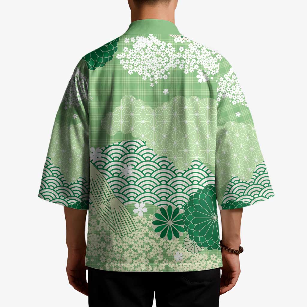 Green Palaka Japanese Patterns Kimono Asanoha Seigaiha Sakura Motif - Polynesian Pride