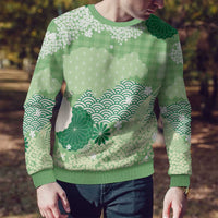 Green Palaka Japanese Patterns Ugly Christmas Sweater Asanoha Seigaiha Sakura Motif - Polynesian Pride