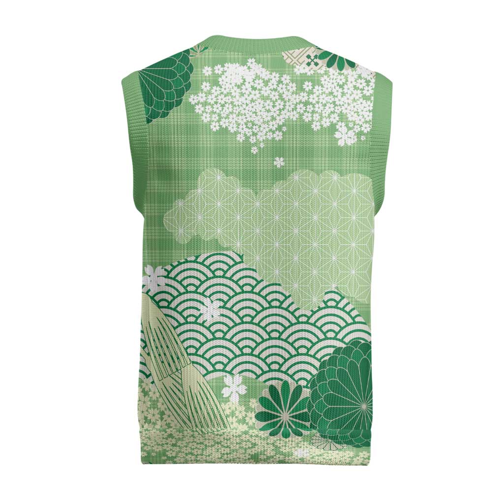 Green Palaka Japanese Patterns Christmas Knitted V-Neck Vest Asanoha Seigaiha Sakura Motif LT14 - Polynesian Pride