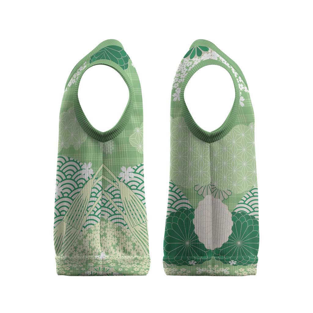 Green Palaka Japanese Patterns Christmas Knitted V-Neck Vest Asanoha Seigaiha Sakura Motif LT14 - Polynesian Pride