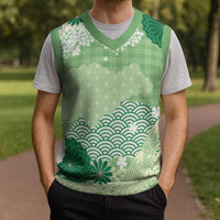 Green Palaka Japanese Patterns Christmas Knitted V-Neck Vest Asanoha Seigaiha Sakura Motif LT14 - Polynesian Pride