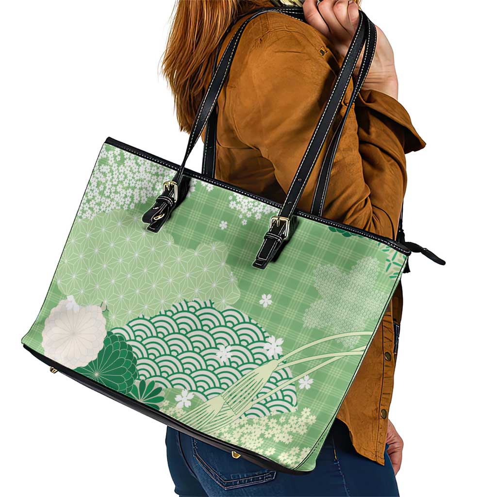 Green Palaka Japanese Patterns Leather Tote Bag Asanoha Seigaiha Sakura Motif - Polynesian Pride