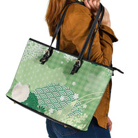 Green Palaka Japanese Patterns Leather Tote Bag Asanoha Seigaiha Sakura Motif - Polynesian Pride