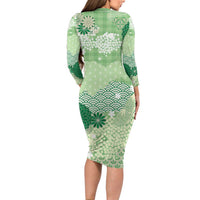 Green Palaka Japanese Patterns Long Sleeve Bodycon Dress Asanoha Seigaiha Sakura Motif - Polynesian Pride