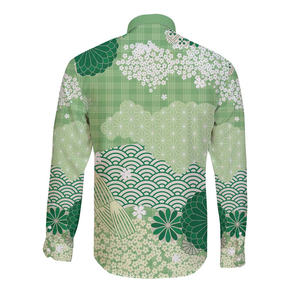 Green Palaka Japanese Patterns Long Sleeve Button Shirt Asanoha Seigaiha Sakura Motif - Polynesian Pride