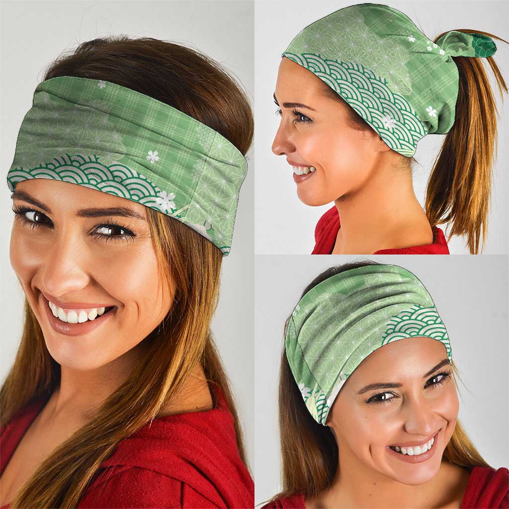 Green Palaka Japanese Patterns Neck Gaiter Asanoha Seigaiha Sakura Motif - Polynesian Pride