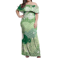 Green Palaka Japanese Patterns Off Shoulder Maxi Dress Asanoha Seigaiha Sakura Motif - Polynesian Pride
