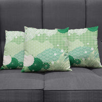 Green Palaka Japanese Patterns Pillow Cover Asanoha Seigaiha Sakura Motif - Polynesian Pride