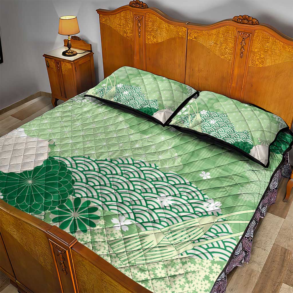 Green Palaka Japanese Patterns Quilt Bed Set Asanoha Seigaiha Sakura Motif - Polynesian Pride