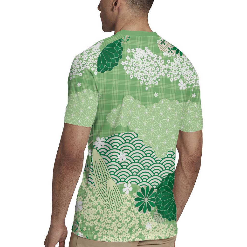 Green Palaka Japanese Patterns Rugby Jersey Asanoha Seigaiha Sakura Motif - Polynesian Pride