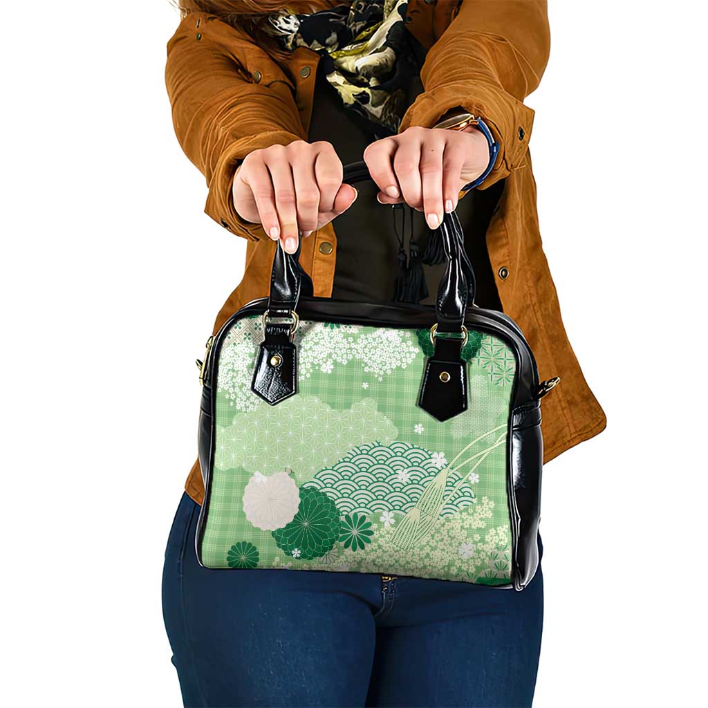 Green Palaka Japanese Patterns Shoulder Handbag Asanoha Seigaiha Sakura Motif - Polynesian Pride
